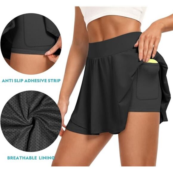 Womens Pleated Tennis Skirt Ruffle Golf Skort with Pockets Tummy Control - Picture 3 of 6